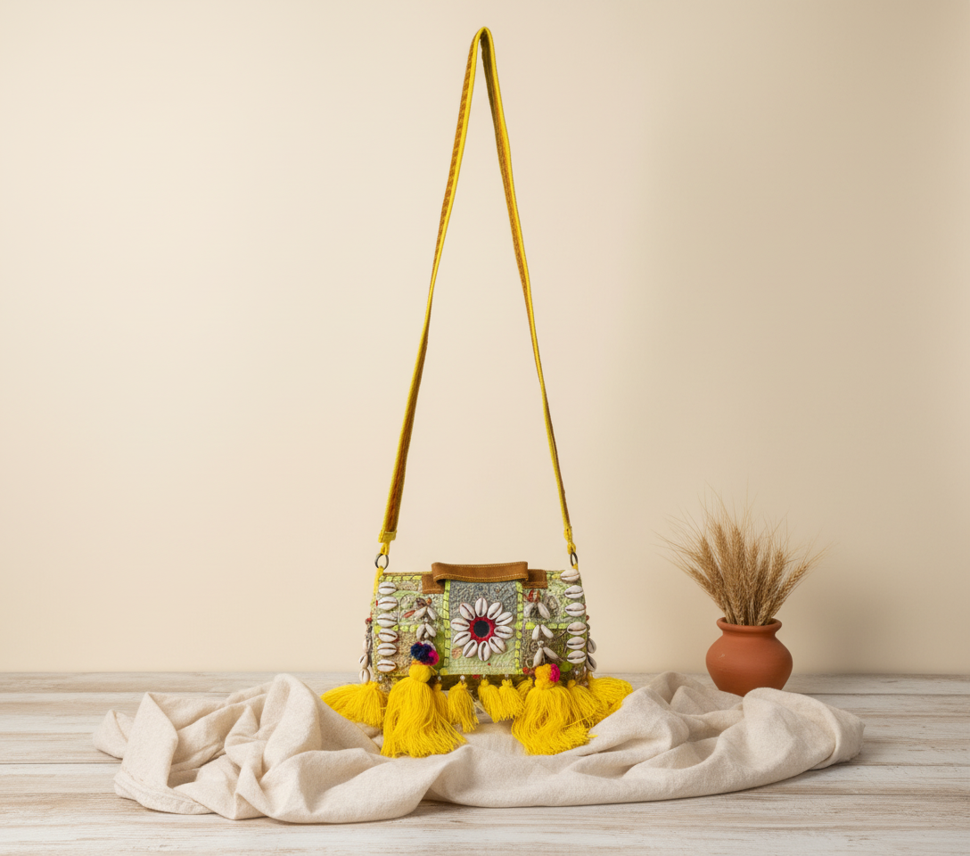 Shell Tassel Pitambari crossbody bag isometric angle