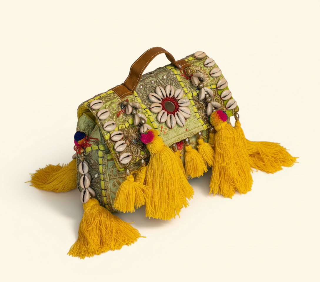 Model walking with Shell Tassel Pitambari crossbody bag — lifestyle shot