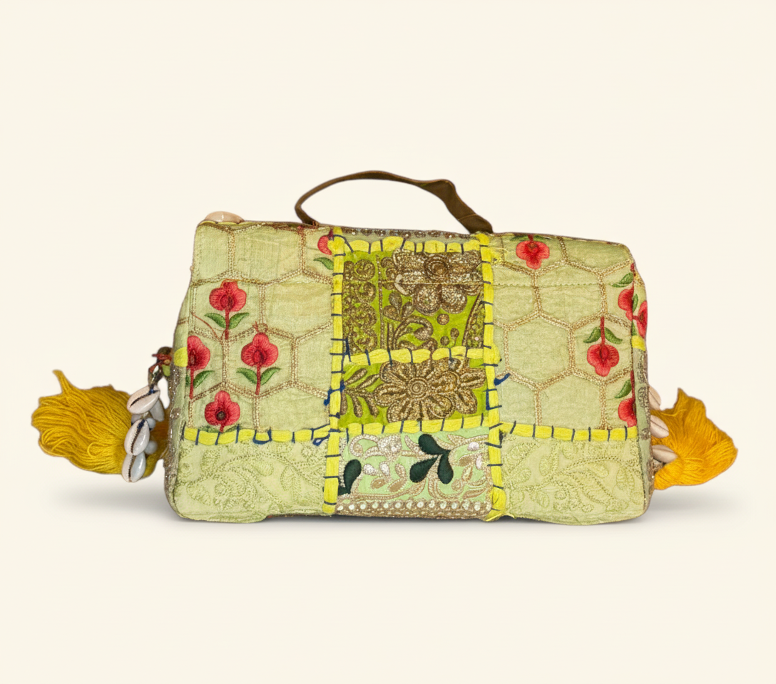 Shell Tassel Pitambari crossbody bag styled on hook — Mystic Dhaga