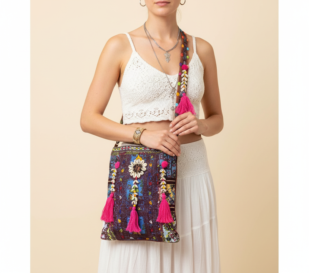 Shell Tassel Indigo Festival sling bag front view — Mystic Dhaga