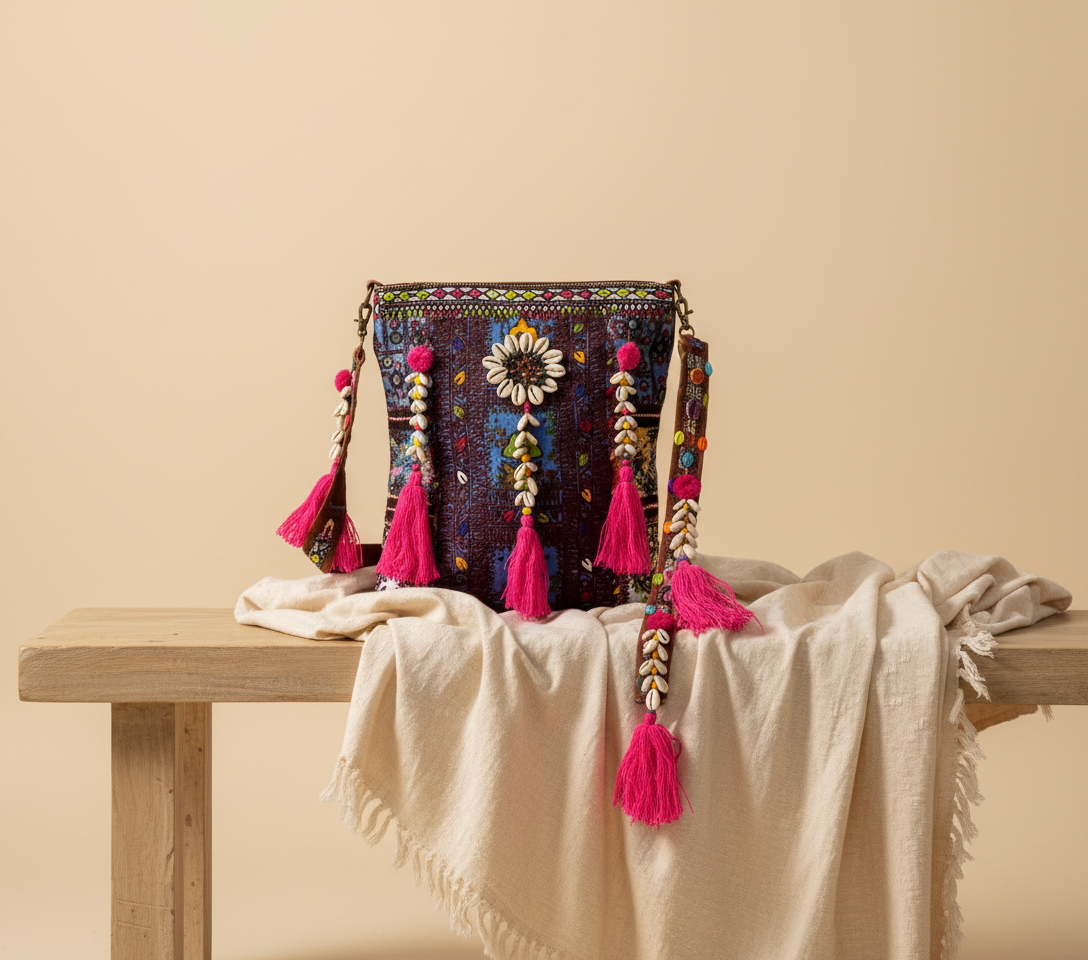 Model walking with Shell Tassel Indigo Festival sling bag — lifestyle shot