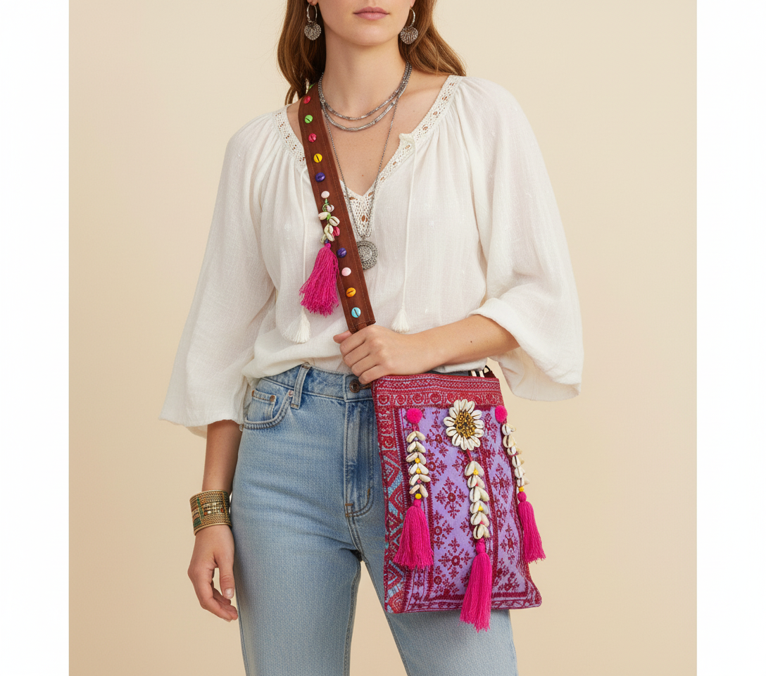 Shell Tassel Orchid Mosaic sling bag front view — Mystic Dhaga