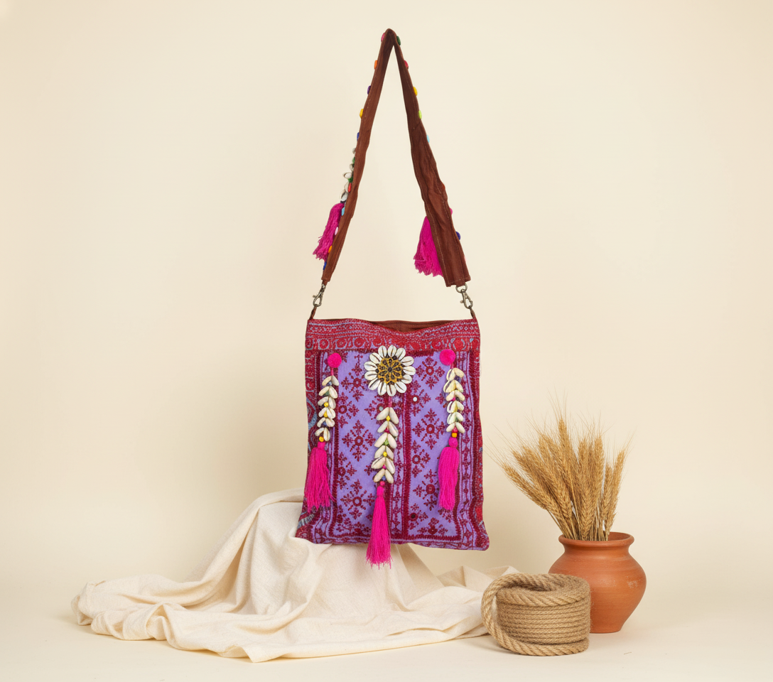 Shell Tassel Orchid Mosaic sling bag side view showing depth