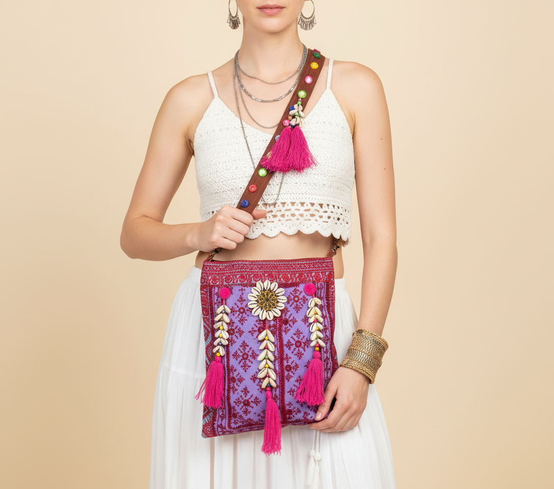 Model carrying Shell Tassel Orchid Mosaic sling bag — boho style
