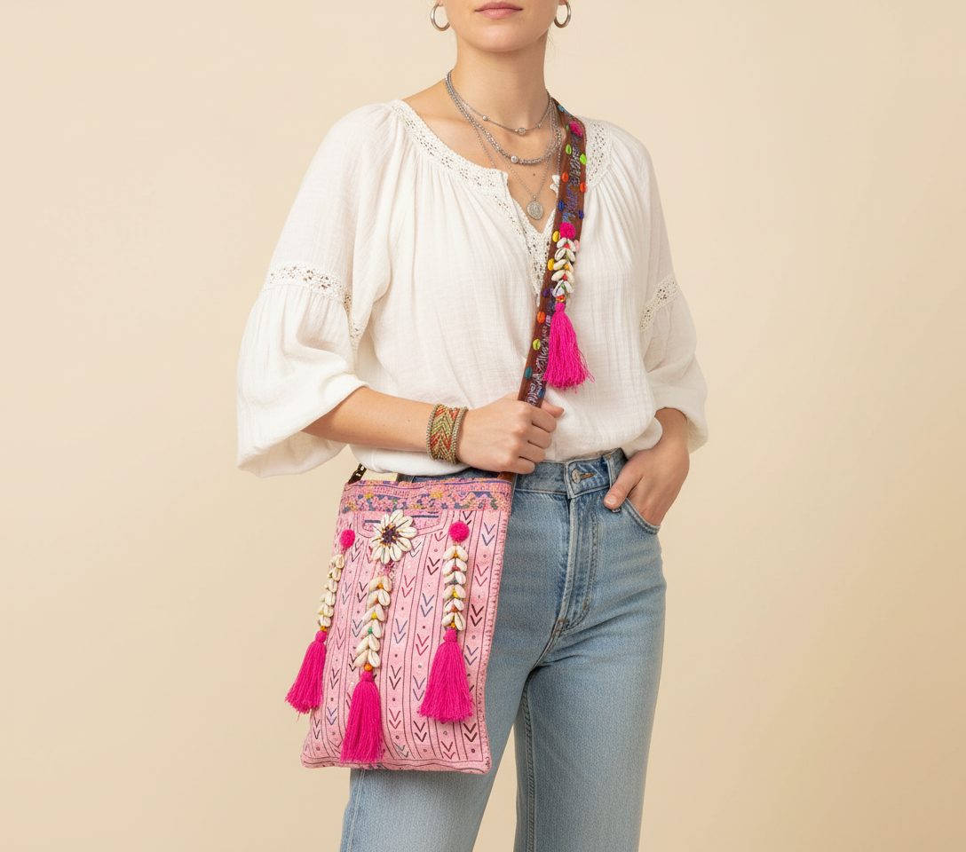 Shell Tassel Rose Chevron sling bag front view — Mystic Dhaga