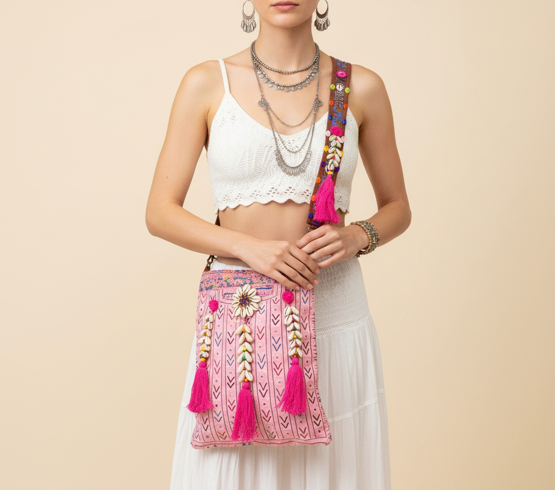 Shell Tassel Rose Chevron sling bag side view showing depth