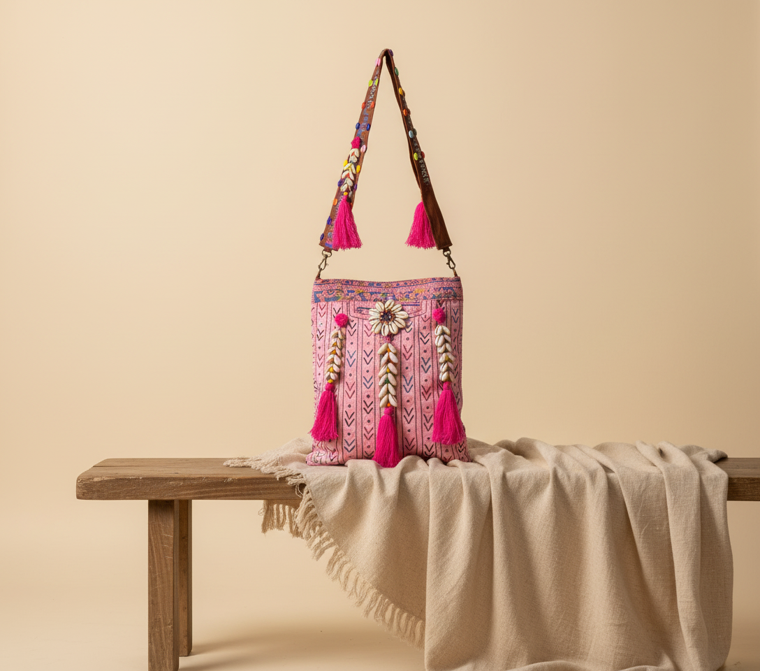 Shell Tassel Rose Chevron sling bag back view