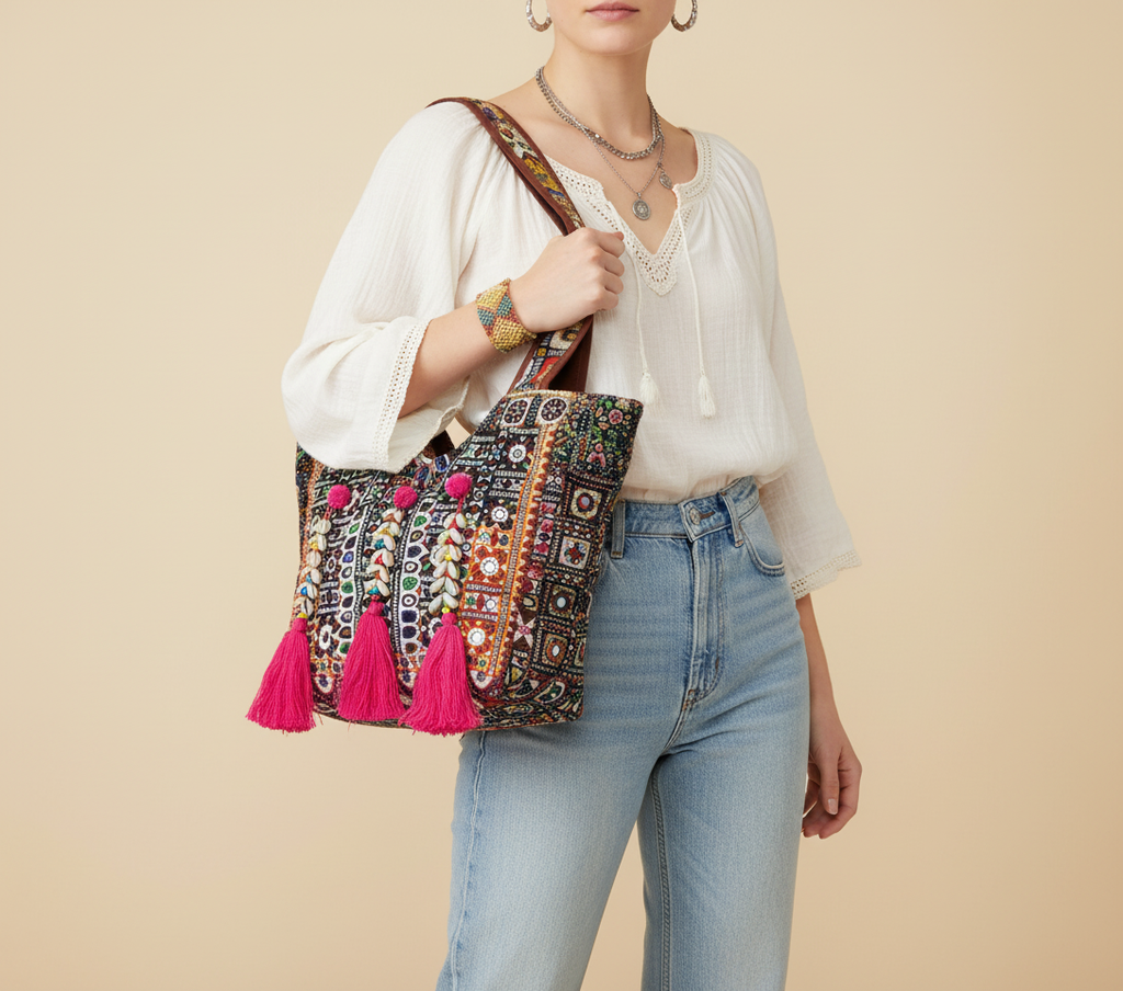 Shell Tassel Midnight Carnival tote bag front view — Mystic Dhaga