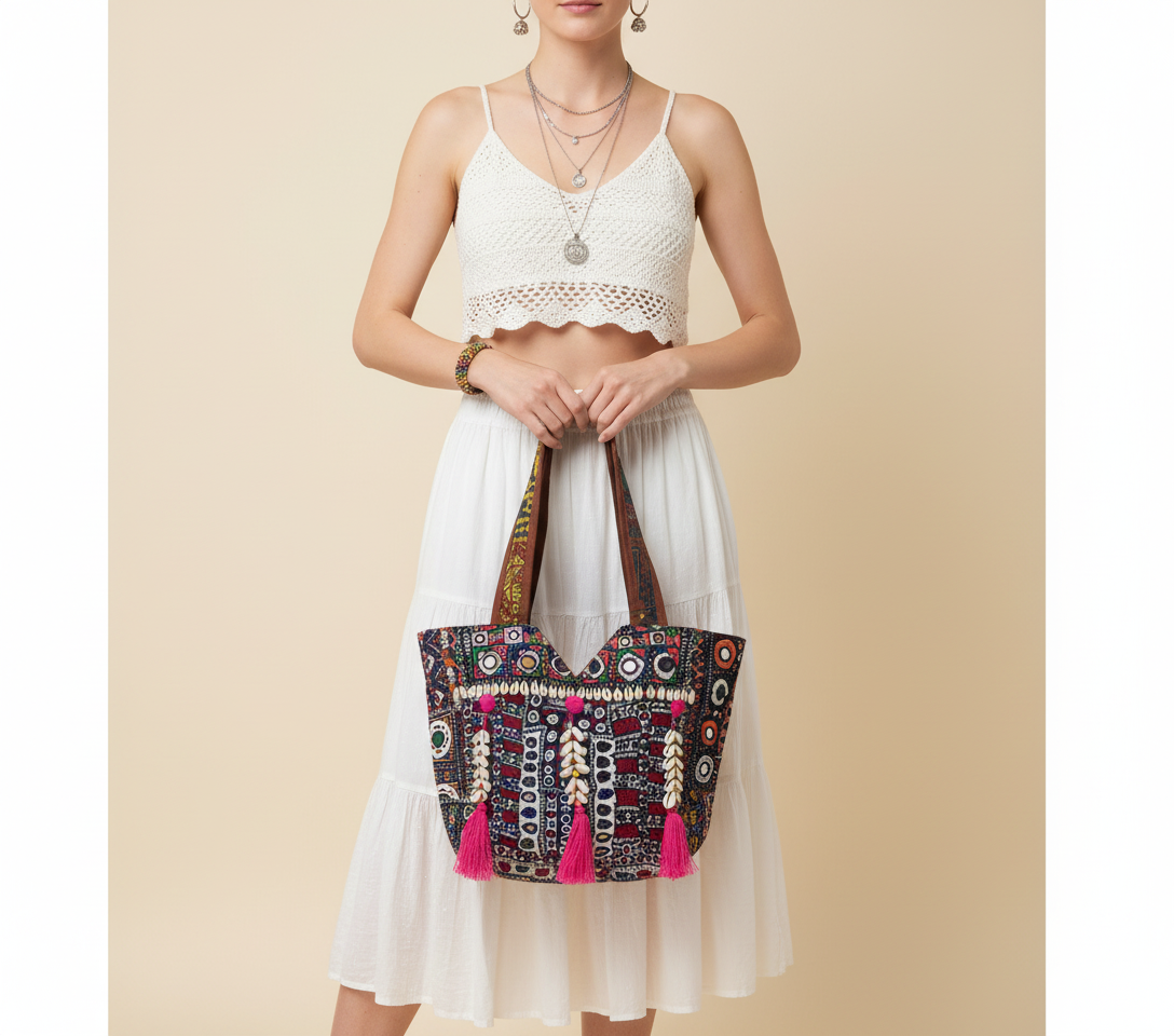Shell Tassel Ruby Tapestry tote bag front view — Mystic Dhaga