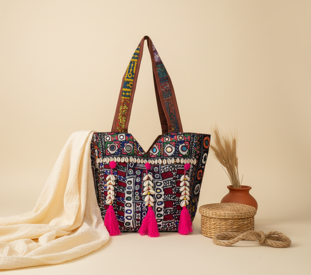 Shell Tassel Ruby Tapestry tote bag side view showing depth