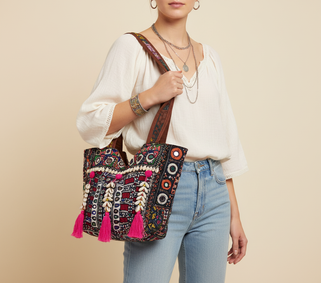 Model carrying Shell Tassel Ruby Tapestry tote bag — boho style