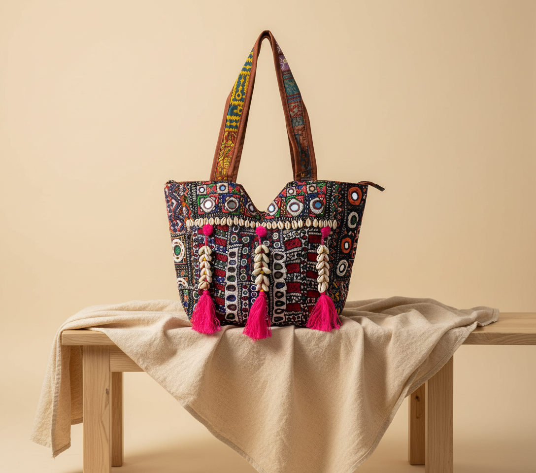 Model walking with Shell Tassel Ruby Tapestry tote bag — lifestyle shot