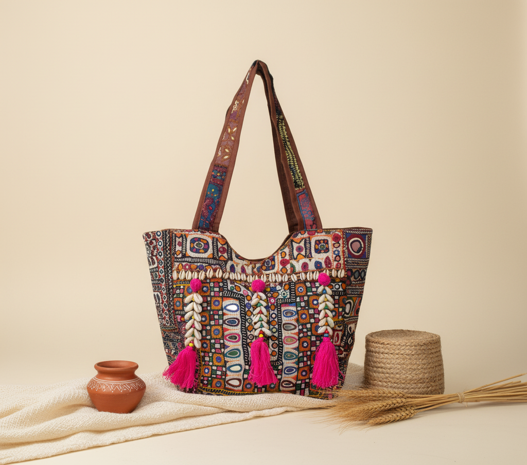 Shell Tassel Amber Mosaic tote bag front view — Mystic Dhaga
