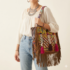 Shell Tassel Amber Fringe tote bag front view — Mystic Dhaga