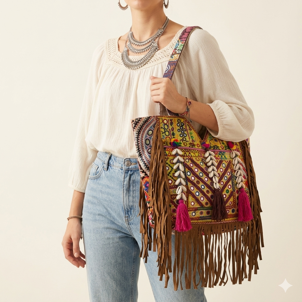 Shell Tassel Amber Fringe tote bag front view — Mystic Dhaga