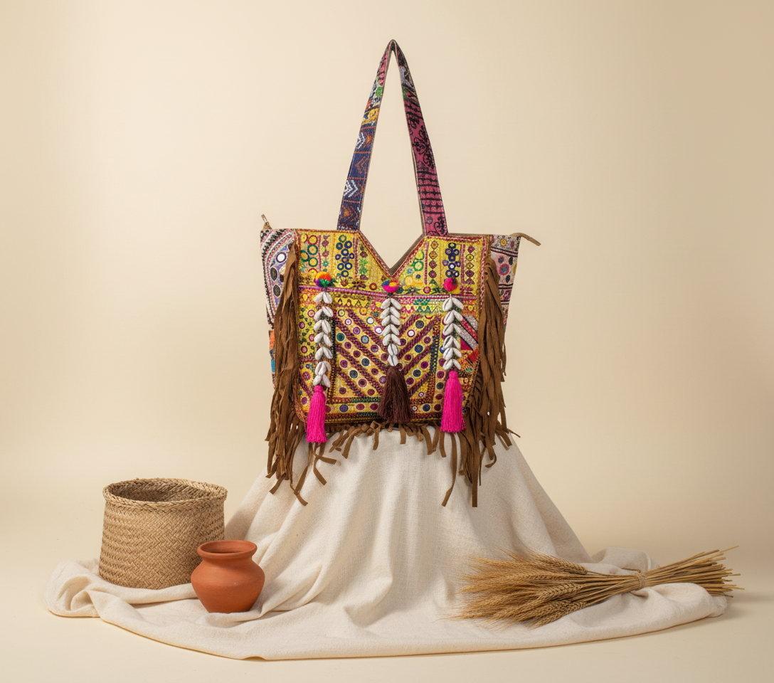 Shell Tassel Amber Fringe tote bag side view showing depth