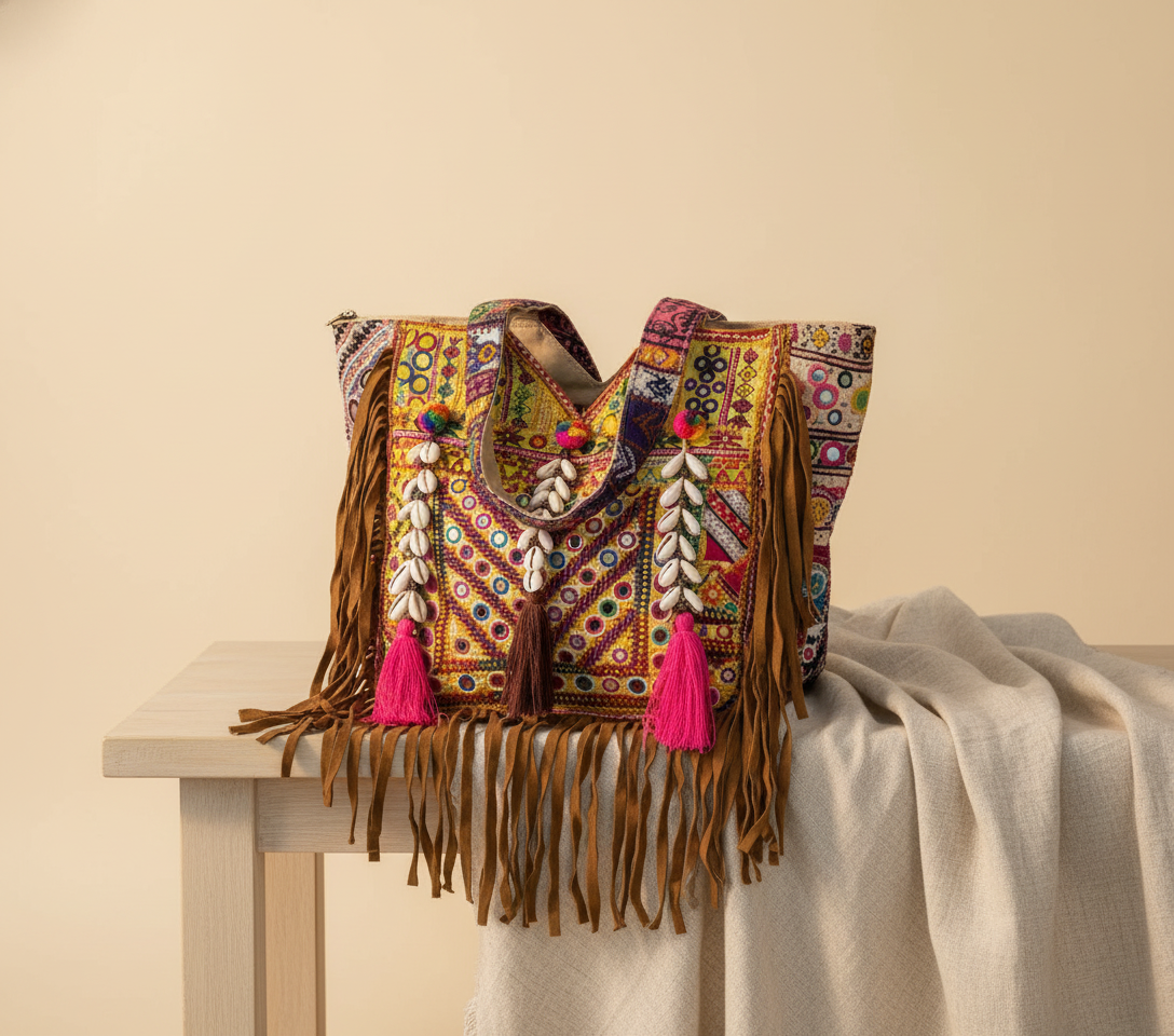 Shell Tassel Amber Fringe tote bag back view