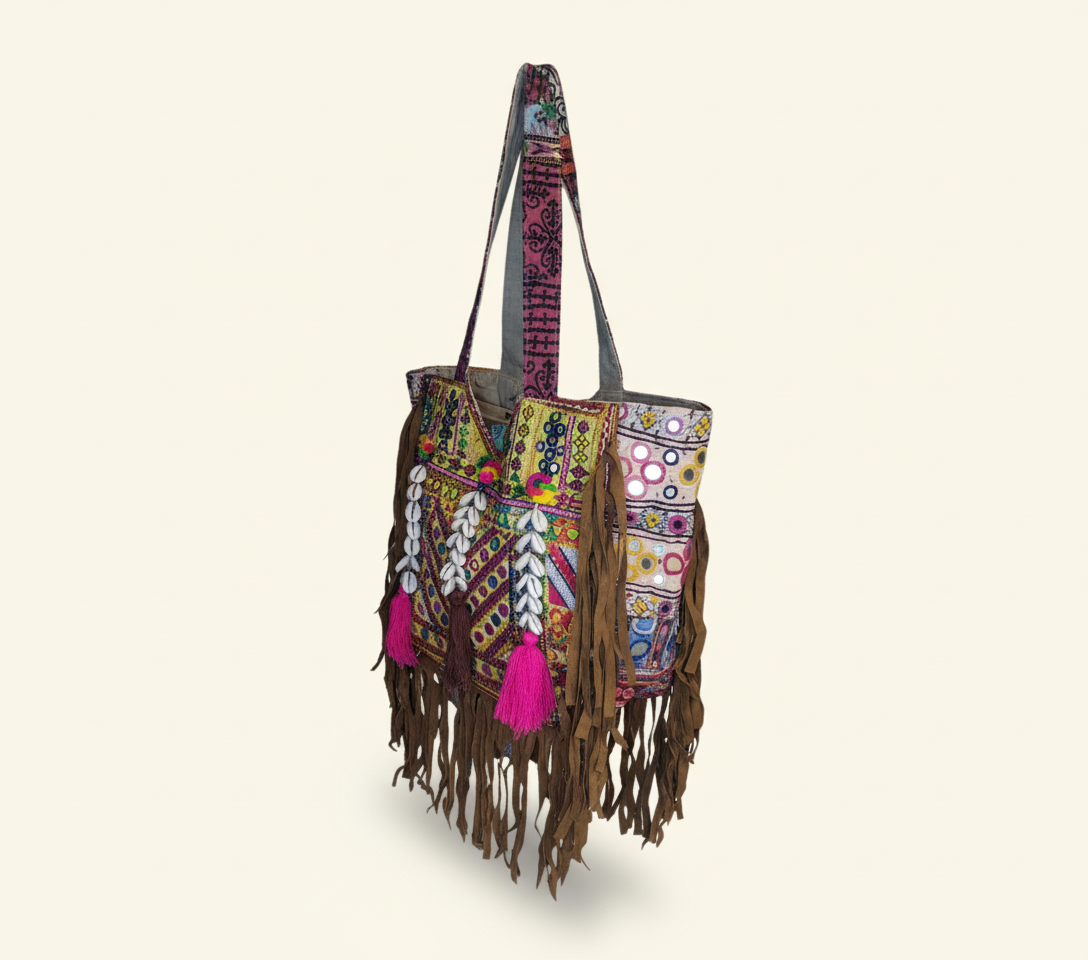 Close-up of Amber Fringe cowrie shell & tassel detail