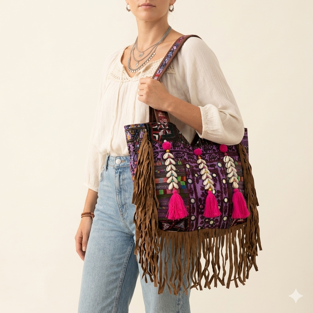 Shell Tassel Emerald Fringe tote bag front view — Mystic Dhaga