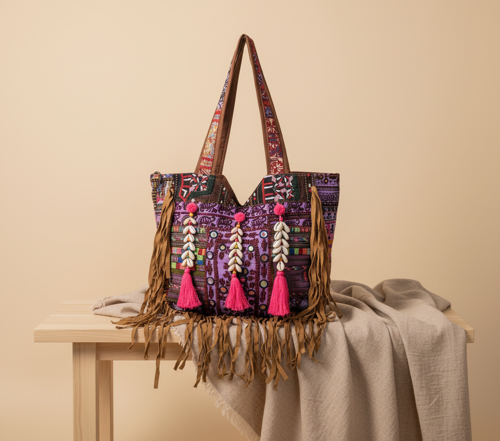 Shell Tassel Emerald Fringe tote bag side view showing depth