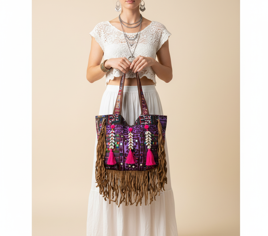 Model walking with Shell Tassel Emerald Fringe tote bag — lifestyle shot