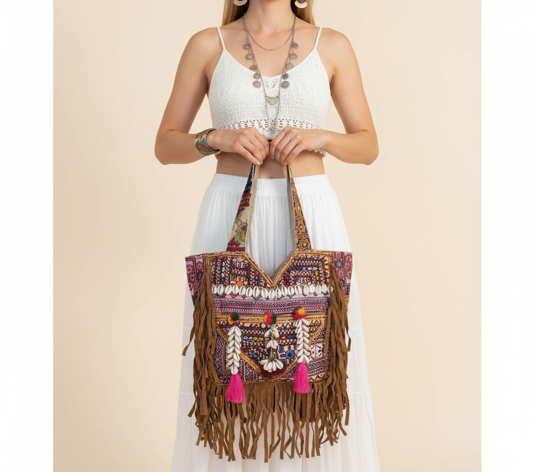 Shell Tassel Indigo Fringe tote bag front view — Mystic Dhaga