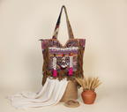 Shell Tassel Indigo Fringe tote bag side view showing depth