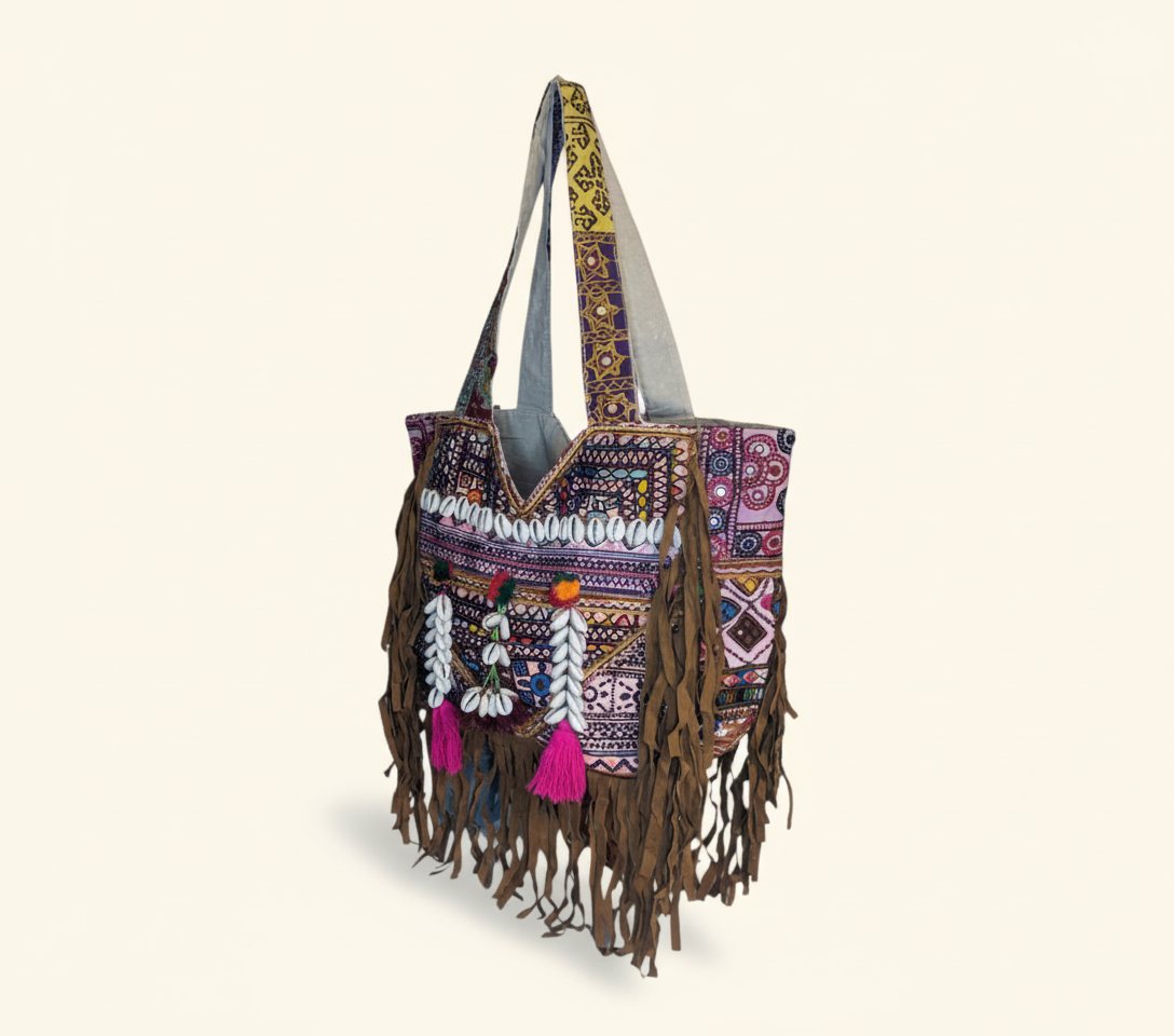 Shell Tassel Indigo Fringe tote bag isometric angle