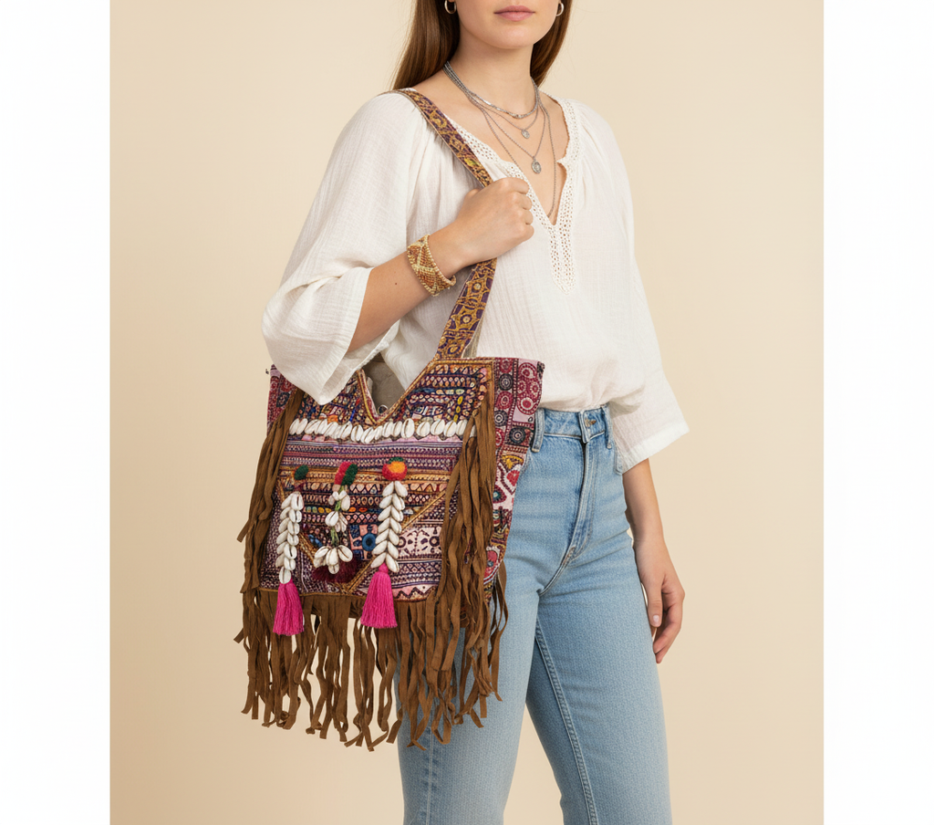Model walking with Shell Tassel Indigo Fringe tote bag — lifestyle shot