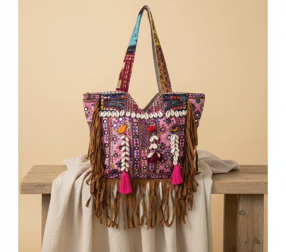Shell Tassel Orchid Fringe tote bag front view — Mystic Dhaga