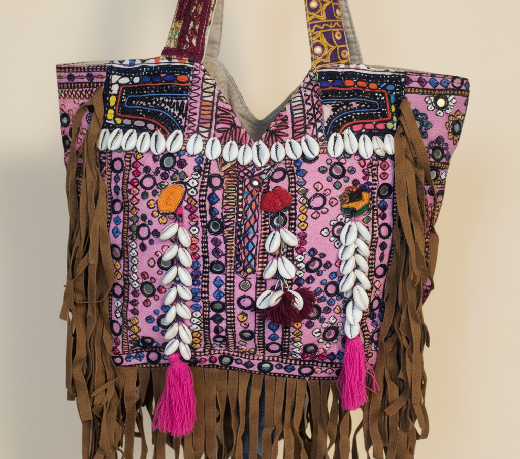 Shell Tassel Orchid Fringe tote bag side view showing depth