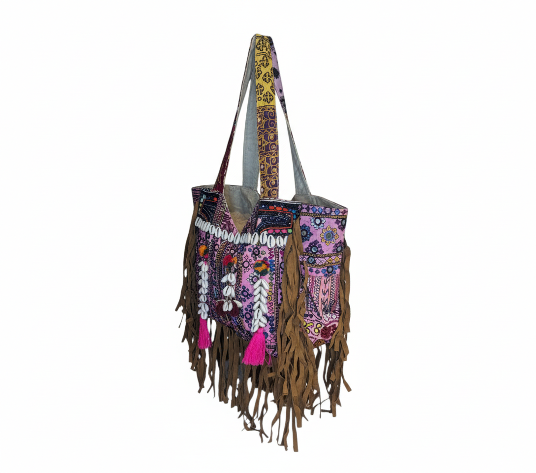 Shell Tassel Orchid Fringe tote bag back view