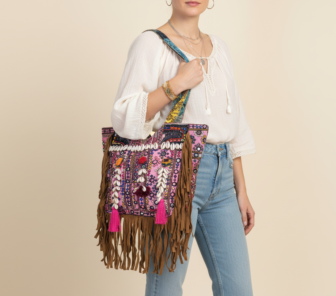 Model carrying Shell Tassel Orchid Fringe tote bag — boho style