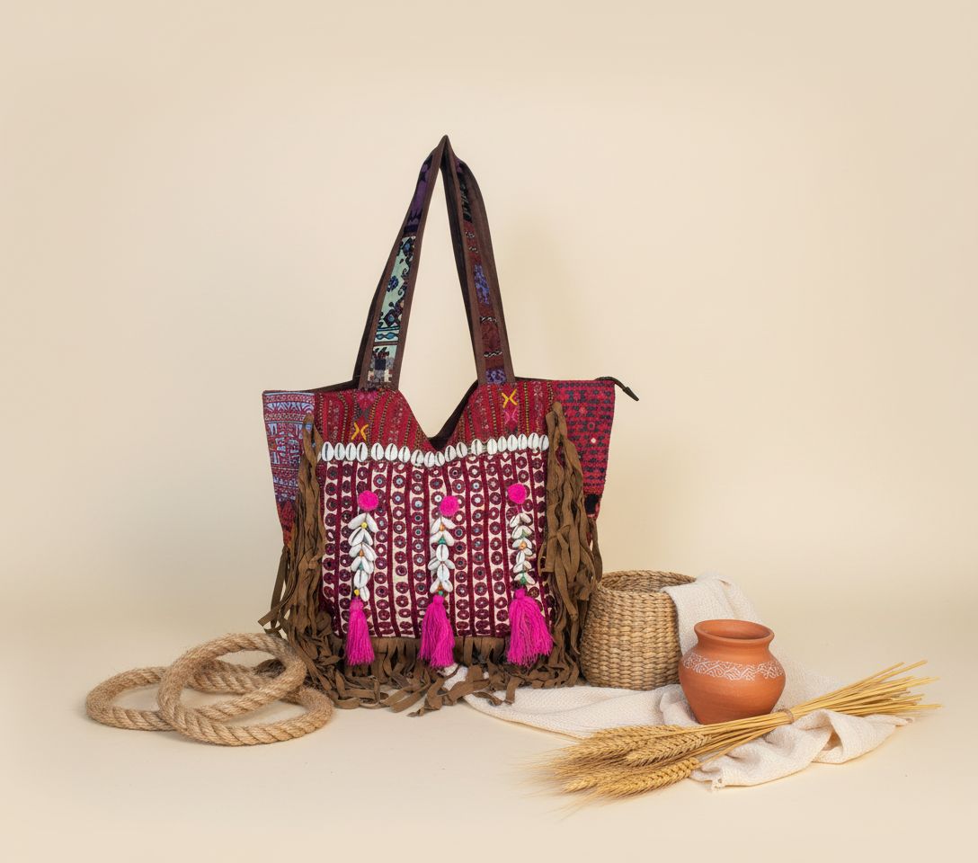 Shell Tassel Sapphire Fringe tote bag front view — Mystic Dhaga