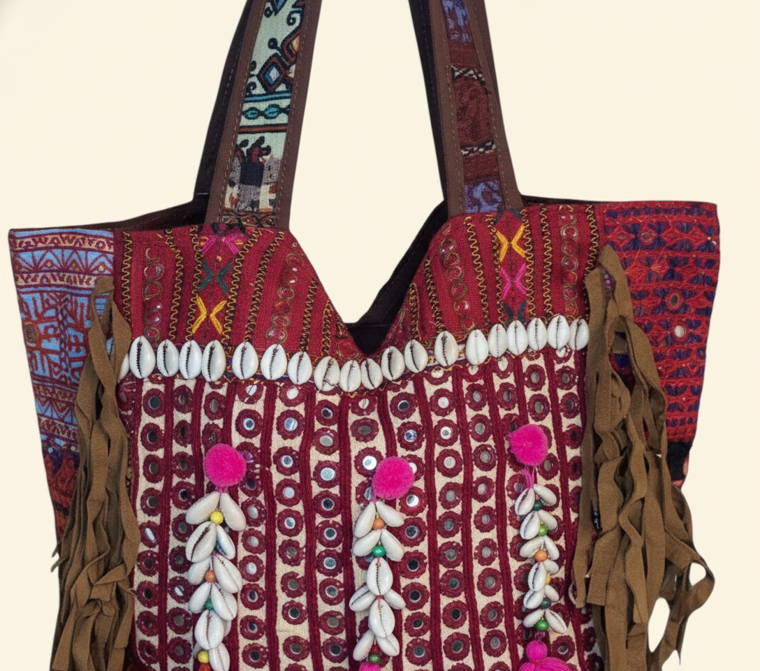 Shell Tassel Sapphire Fringe tote bag side view showing depth