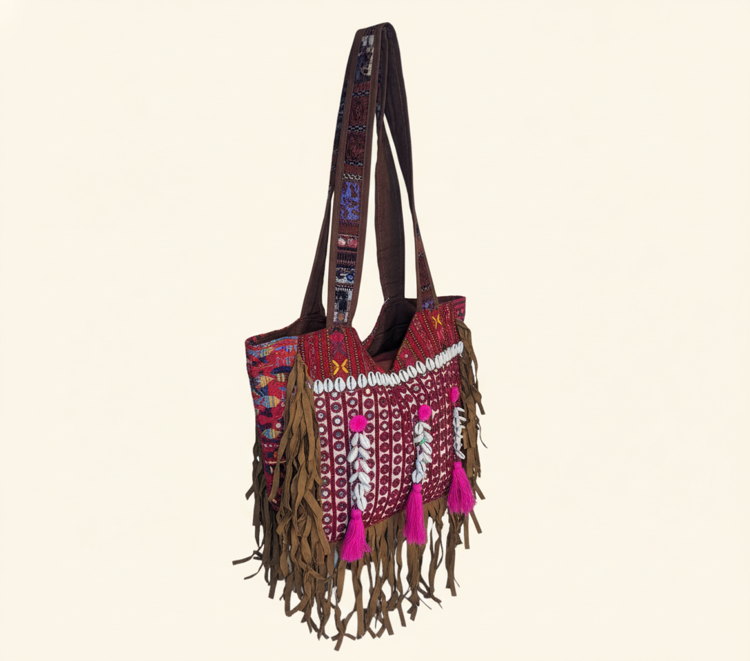 Shell Tassel Sapphire Fringe tote bag back view
