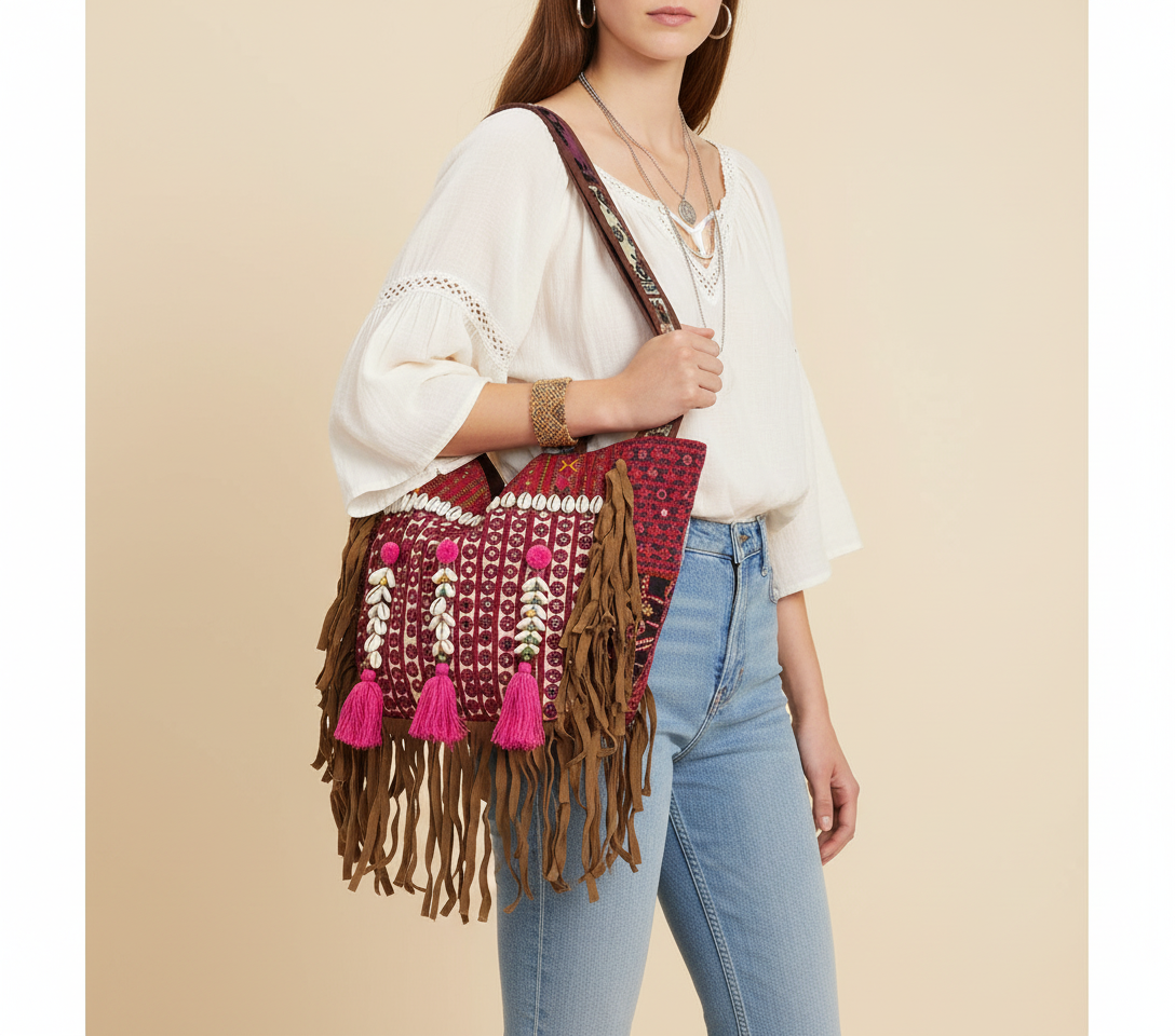 Model carrying Shell Tassel Sapphire Fringe tote bag — boho style