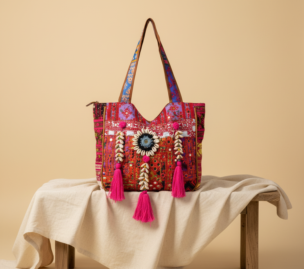 Shell Tassel Fuchsia Bloom tote bag side view showing depth