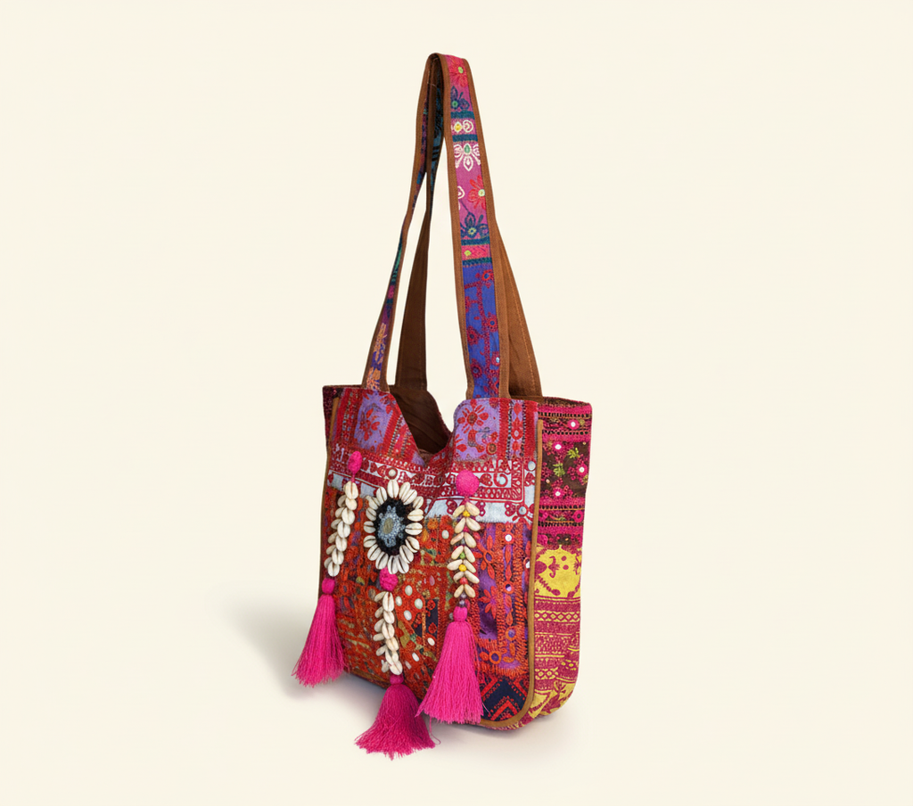 Shell Tassel Fuchsia Bloom tote bag back view