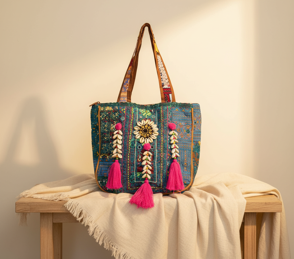 Shell Tassel Teal Festival tote bag front view — Mystic Dhaga