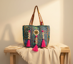 Shell Tassel Teal Festival tote bag front view — Mystic Dhaga