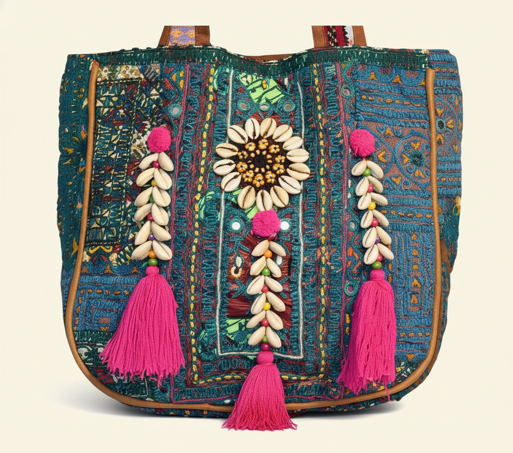 Shell Tassel Teal Festival tote bag side view showing depth