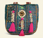Shell Tassel Teal Festival tote bag side view showing depth