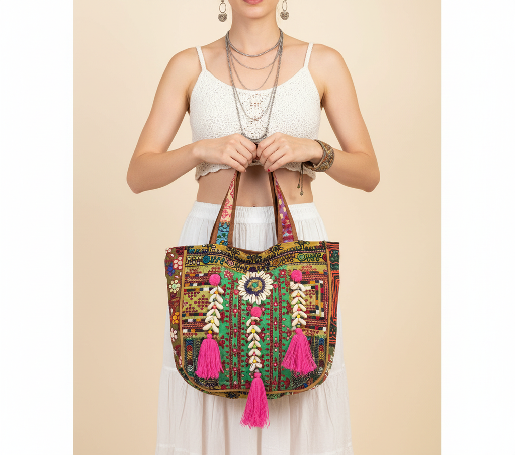 Shell Tassel Midnight Bloom tote bag front view — Mystic Dhaga