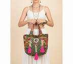 Shell Tassel Midnight Bloom tote bag front view — Mystic Dhaga