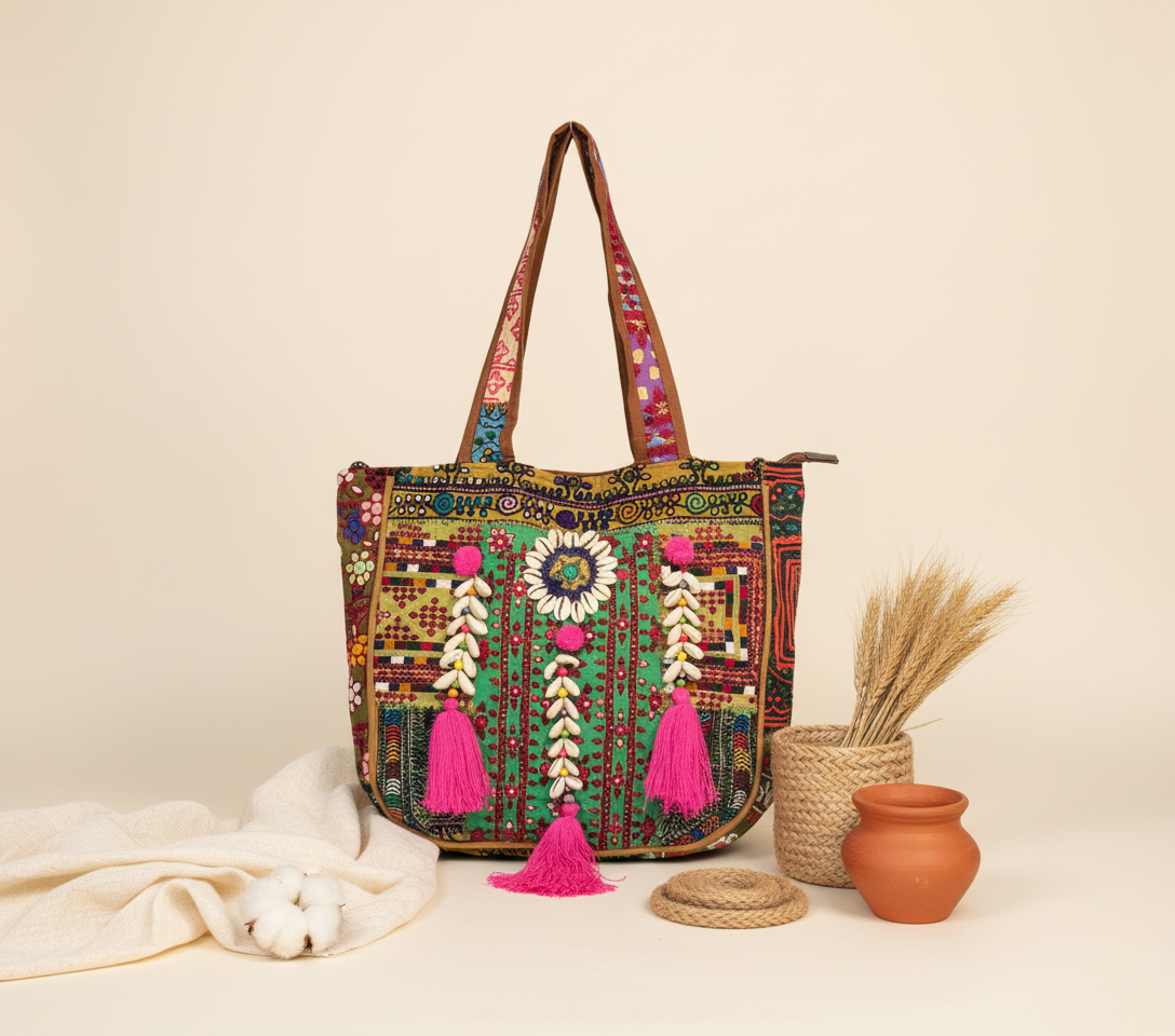 Shell Tassel Midnight Bloom tote bag side view showing depth