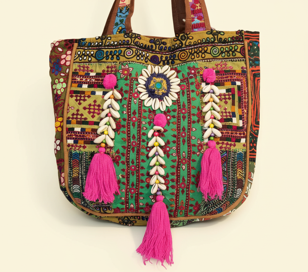 Shell Tassel Midnight Bloom tote bag back view
