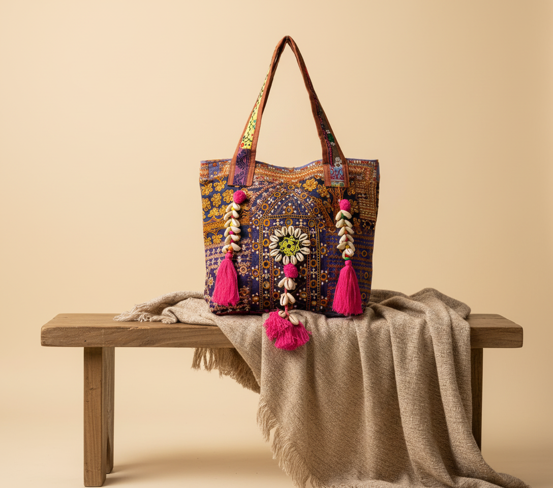 Shell Tassel Nomad Bloom tote bag front view — Mystic Dhaga
