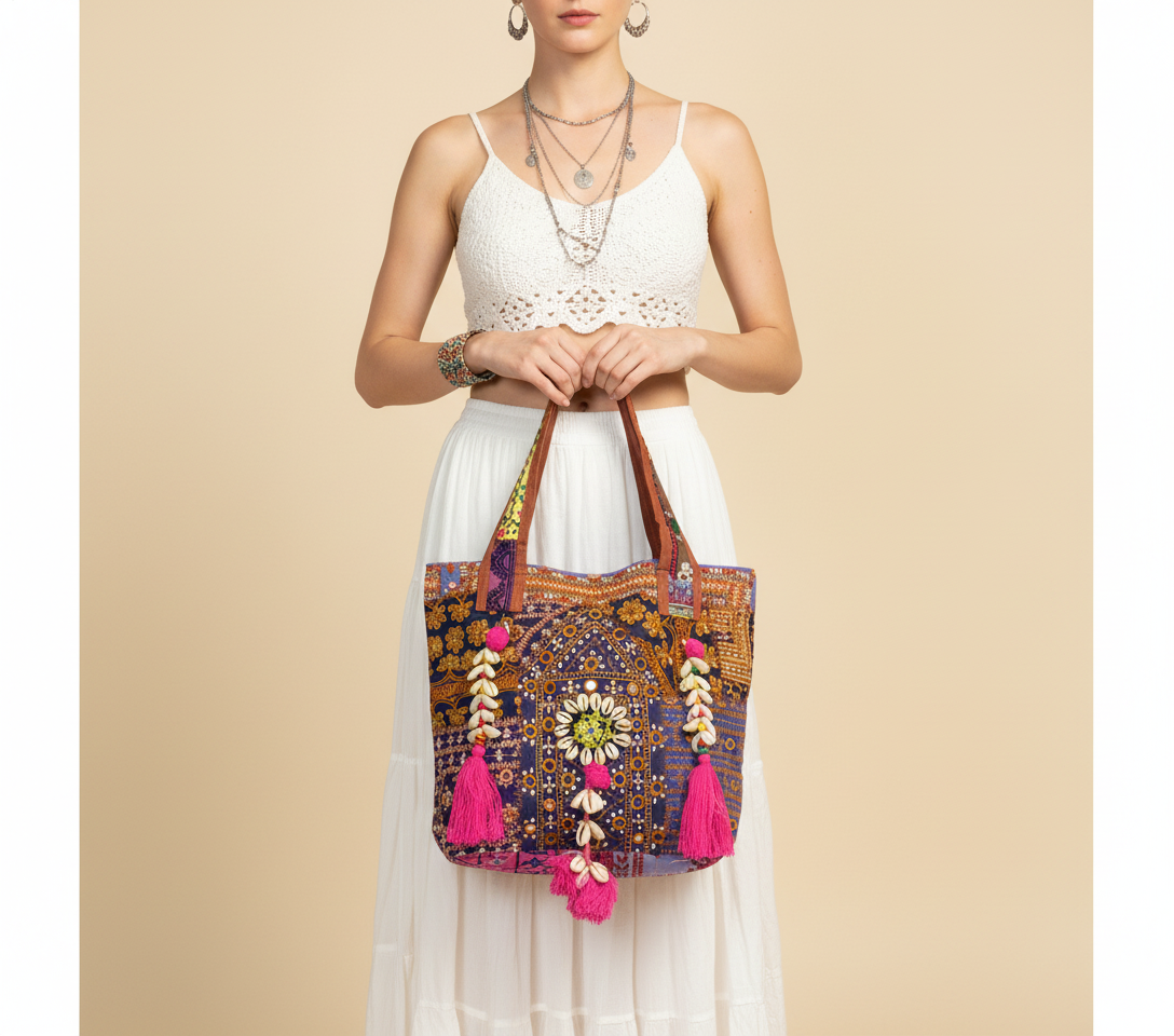 Close-up of Nomad Bloom cowrie shell & tassel detail