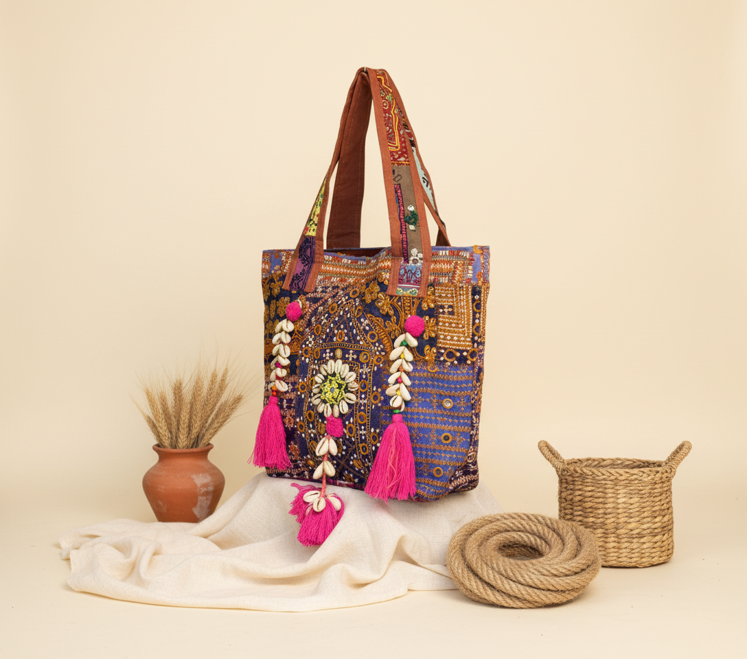 Model carrying Shell Tassel Nomad Bloom tote bag — boho style